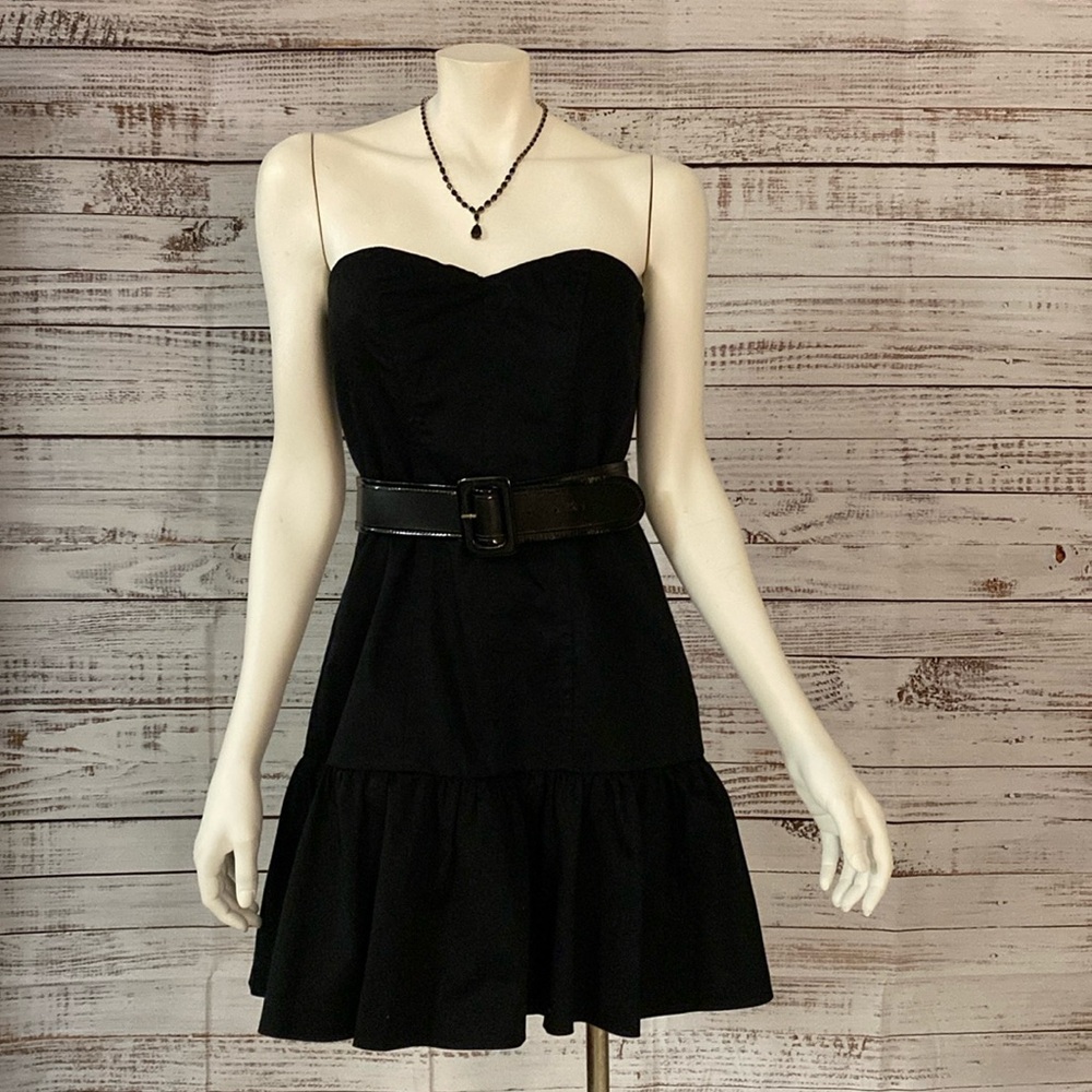 Express black strapless dress with ruffle trim and waist belt size 8